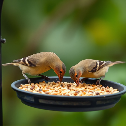 Small birds eating seed from tray