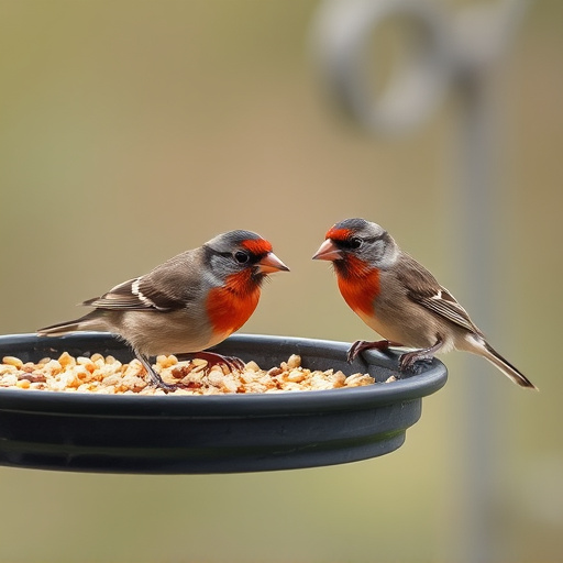 Small birds eating seed from tray