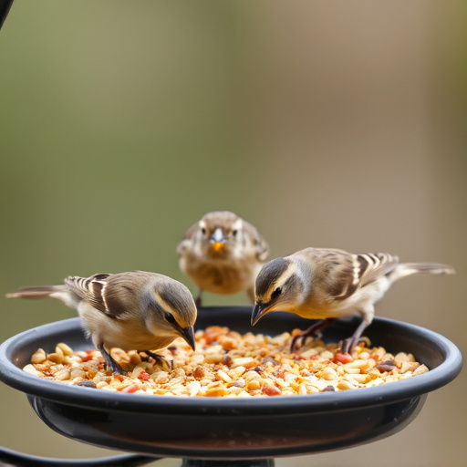 Small birds eating seed from tray