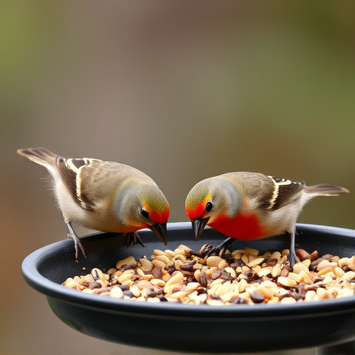 Small birds eating seed from tray