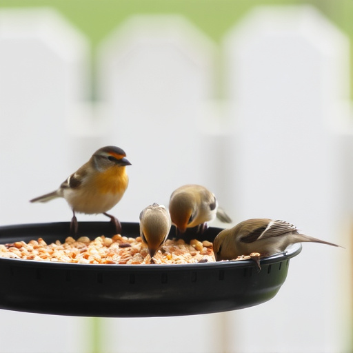 Small birds eating seed from tray