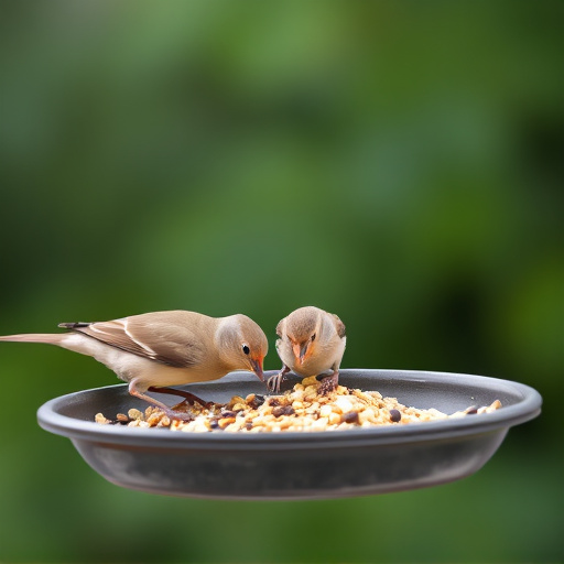 Small birds eating seed from tray