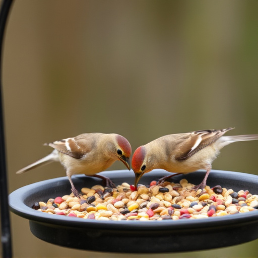 Small birds eating seed from tray
