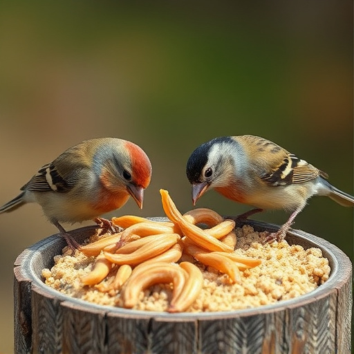 Small birds eating suet with mealworms