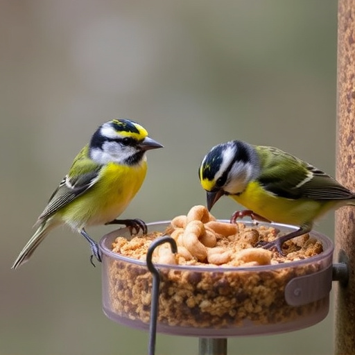 Small birds eating suet with mealworms
