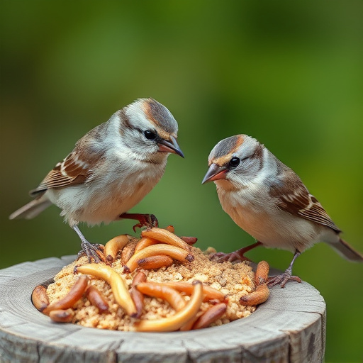 Small birds eating suet with mealworms