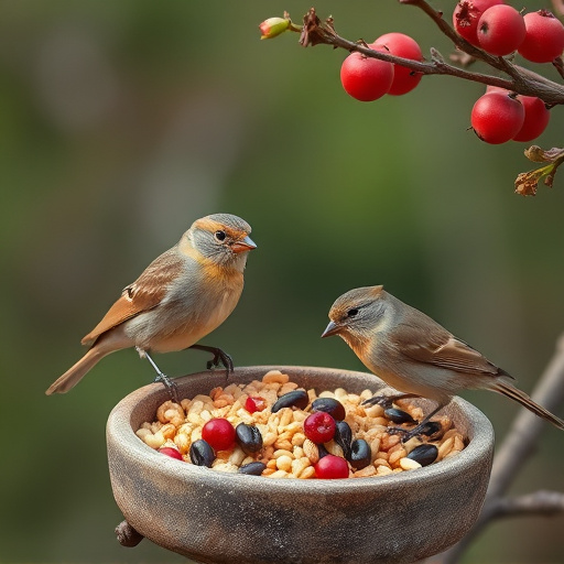 Small birds enjoying seed and berries