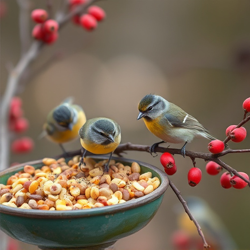 Small birds enjoying seed and berries