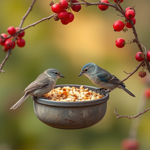 Small birds enjoying seed and berries