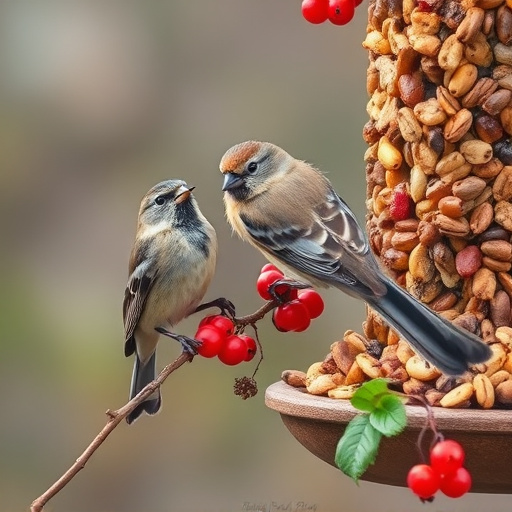 Small birds enjoying seed and berries