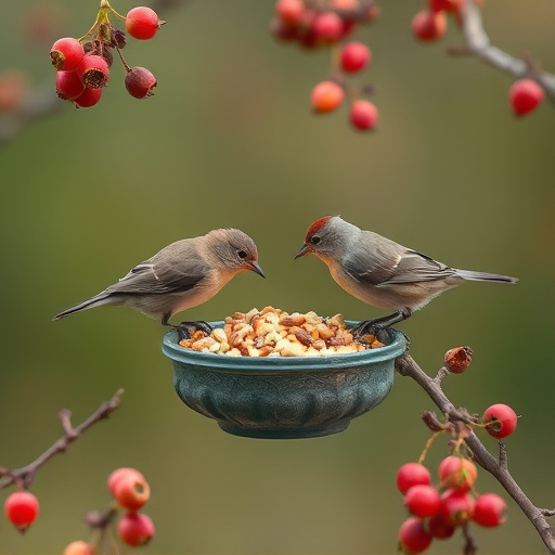 Small birds enjoying seed and berries
