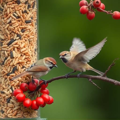 Small birds enjoying seed and berries