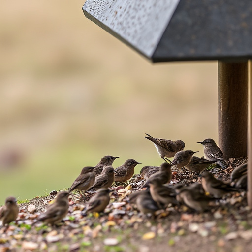 Small birds feeding beneath sloped shelter