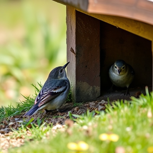 Small birds feeding beneath sloped shelter