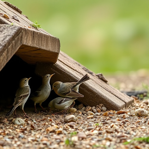 Small birds feeding beneath sloped shelter