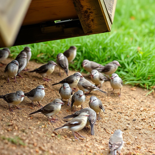 Small birds feeding beneath sloped shelter
