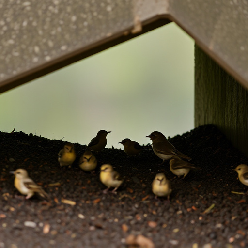 Small birds feeding beneath sloped shelter
