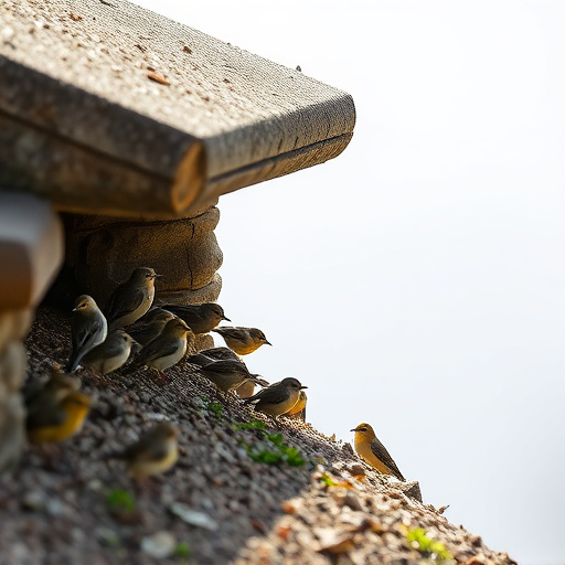 Small birds feeding beneath sloped shelter