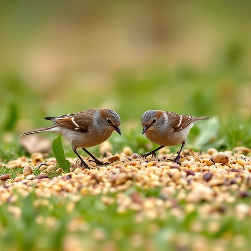 Small birds feeding from scattered seeds