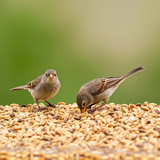 Small birds feeding from scattered seeds