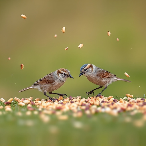 Small birds feeding from scattered seeds