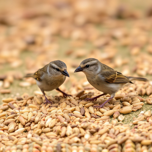 Small birds feeding from scattered seeds