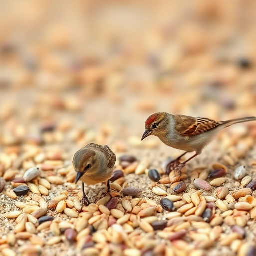 Small birds feeding from scattered seeds