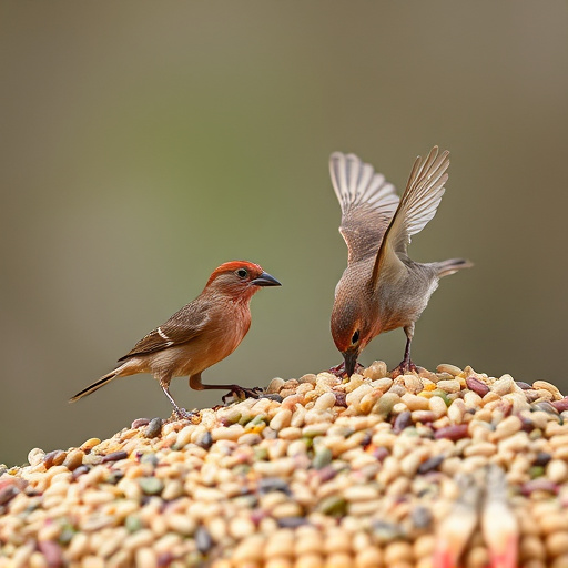 Small birds feeding from scattered seeds