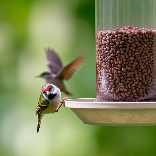 Small birds feeding from specialized feeder