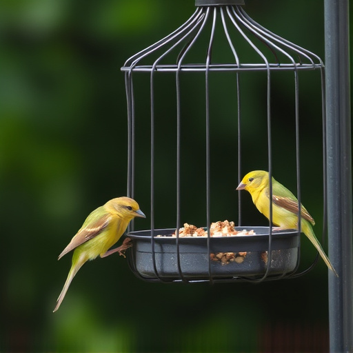 Small birds feeding in wire cage feeder