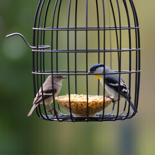 Small birds feeding in wire cage feeder