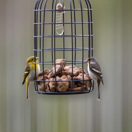 Small birds feeding in wire cage feeder