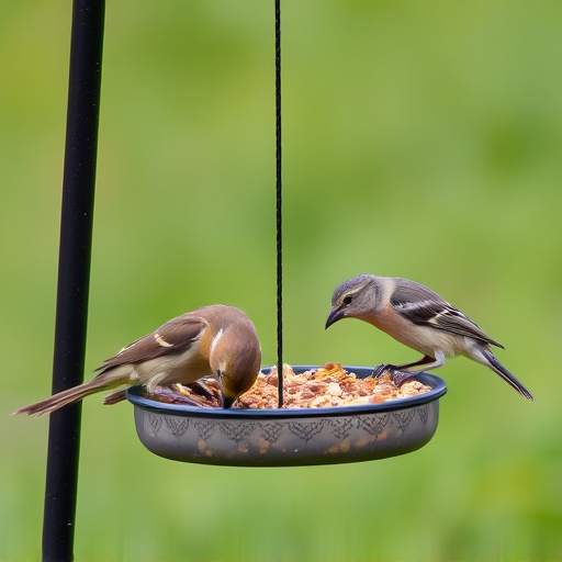 Small birds feeding on ground feeder