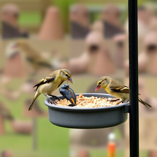 Small birds feeding on ground feeder