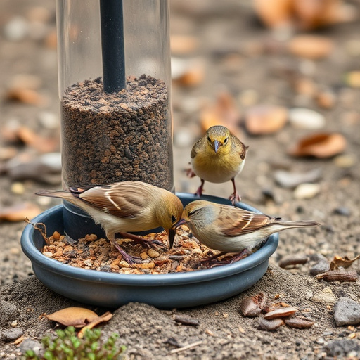 Small birds feeding on ground feeder