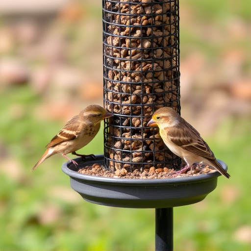 Small birds feeding on ground feeder