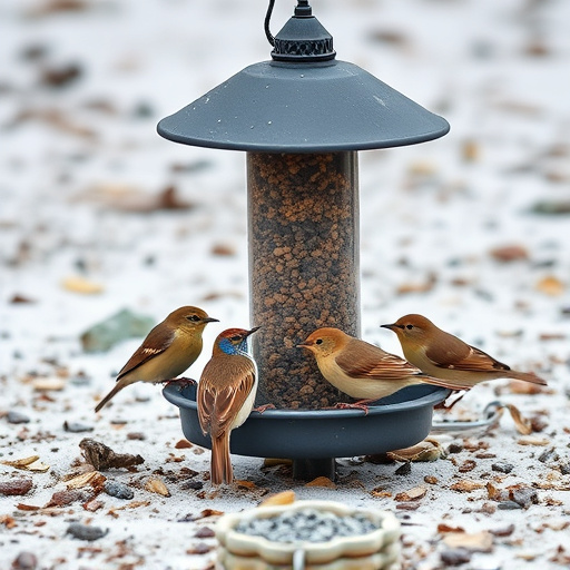 Small birds feeding on ground feeder