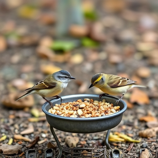 Small birds feeding on ground feeder