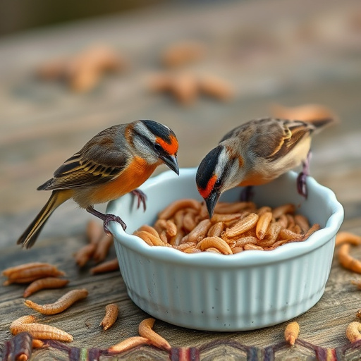 Small birds feeding on mealworms dish