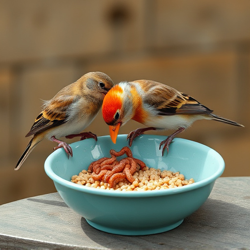 Small birds feeding on mealworms dish