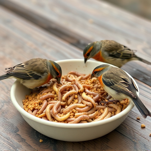 Small birds feeding on mealworms dish