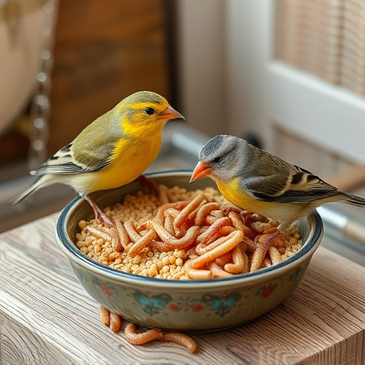 Small birds feeding on mealworms dish