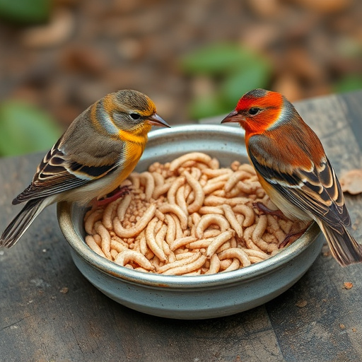 Small birds feeding on mealworms dish