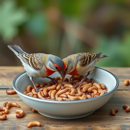 Small birds feeding on mealworms dish