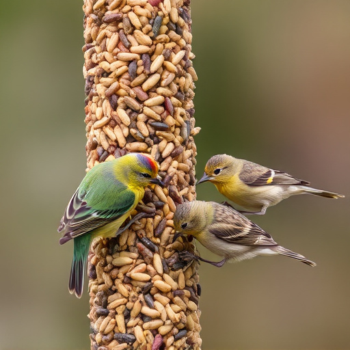 Small birds feeding on seed assortment