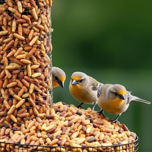 Small birds feeding on seed assortment
