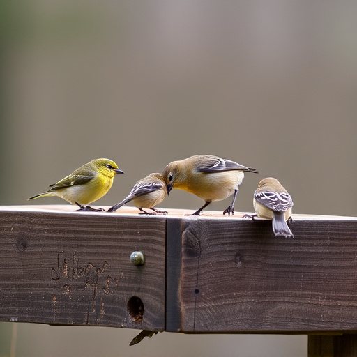 Small birds feeding on wooden station
