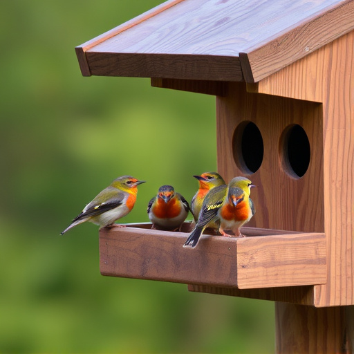 Small birds feeding on wooden station