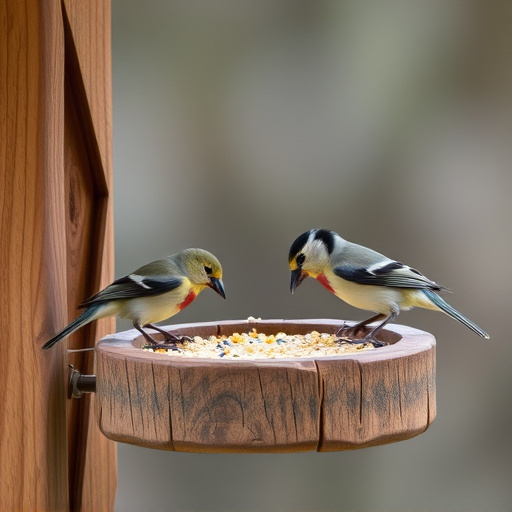 Small birds feeding on wooden station