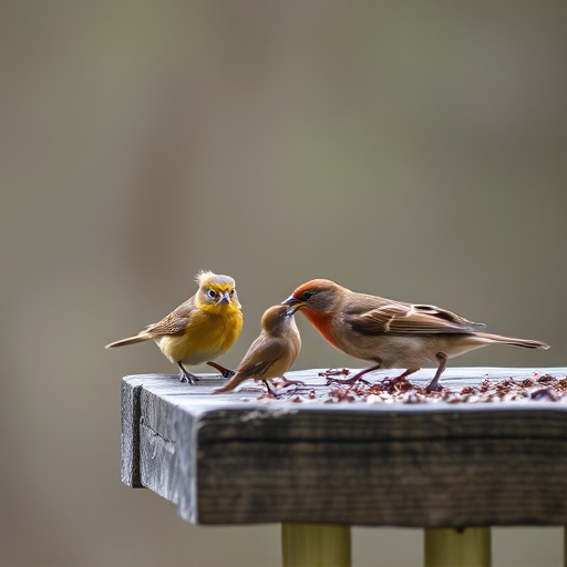 Small birds feeding on wooden station